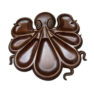 Platou pentru Servire, Cyrax, in Forma de Caracatita, 8 Compartimente pentru Mezeluri Branzeturi Snacksuri, Design Artistic, din Lemn Masiv, 26 x 25 x 3 cm, Maro inchis