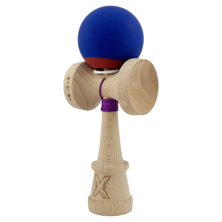 Kendama X Originala, Profesionala, Cyrax, Rubber Grip, Cupe Mari KING SIZE V3, Gaura in Baza, Rulment Metalic, din lemn 18 cm, Ata 62/65 cm, Bicolor Albastru inchis/Rosu