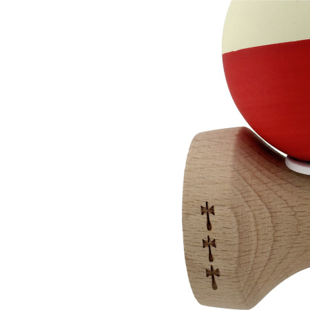 Kendama X Originala, Profesionala, Cyrax, Rubber Grip, Cupe Mari KING SIZE V3, Gaura in Baza, Rulment Metalic, din lemn 18 cm, Ata 62/65 cm, Bicolor Galben/Rosu