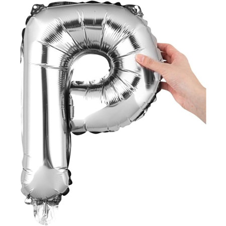 Balon Folie Metalizata Litera P, Cyrax, 40 cm, Umflati cu Heliu sau Aer, Ambalaj Individual, Pai inclus, Argintiu