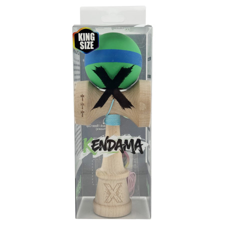 Kendama X Originala, Profesionala, Cyrax, Cupe Mari KING SIZE V3, Rubber Grip, Gaura in Baza, Rulment Metalic, din lemn 18 cm, Ata 62/65 cm, M Verde/Albastru/Verde