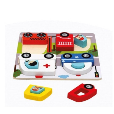 Jucarie Montessori, Cyrax, Tip Puzzle 3D, din Lemn, +36 Luni, Model Masini, 18 x 18 x 1.5 cm, Multicolor