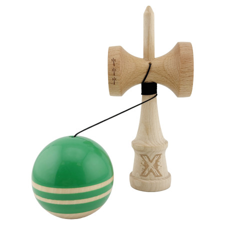 Kendama X Rainbow Originala, Profesionala, Cyrax, Big Cups V2, Super Sticky cu Cupe Mari, Rulment Metalic, din lemn 18 cm, Ata 55 cm, Verde/Maro