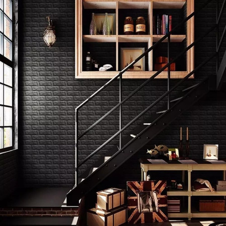 Set 10 Placi Tapet 3D,  35 x 38 cm, Grosime 3 mm, din Polietilena, Model Caramida, Suprafata acoperita 1.33 mp, Negru