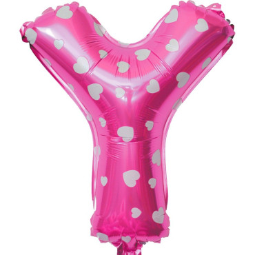 Balon Folie Metalizata Litera Y, Cyrax, 40 cm, Cu Imprimeu Inimioare, Umflati cu Heliu sau Aer, Ambalaj Individual, Pai inclus, Roz