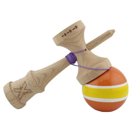 Kendama X Originala, Profesionala, Cyrax, Big Cups V2, Super Sticky Legendary Cupe Mari, Rulment Metalic cu Ata 55 cm, Portocaliu/Galben/Alb