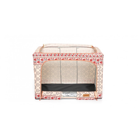Cutie de Depozitare Pliabila,  66 L din Bumbac si In, 52 x 42 x 39 cm, Fereastra Frontala, 2 Usi de Acces cu Fermoar Bidirectional, Cadru Metalic, Suport Baza Stabil din Plastic, Motiv Traditional Model 6