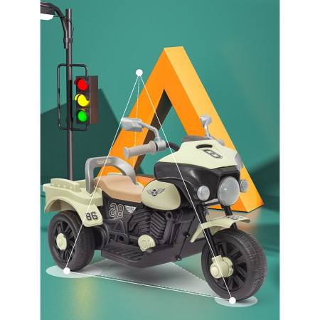 Motocicleta Electrica Cyrax, cu Acumulator, cu Sistem Anti-Rasturnare, Sistem de Lumini si Muzica, Cutie de Depozitare, 1-8 Ani, 93 x 43 x 58 cm, Alb - Bej