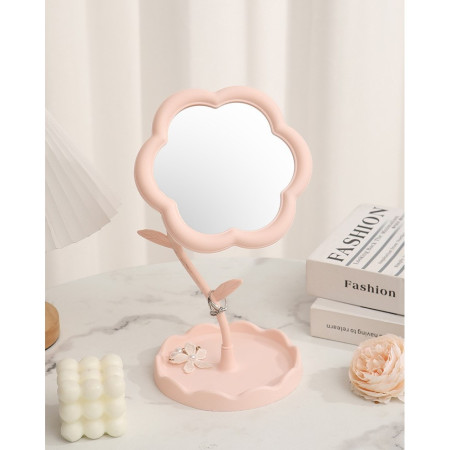 Oglindă de Machiaj pentru Birou, Cyrax, Rotativă, Detasabilă, Model de Floarea Soarelui, Suport pentru Inele, cu Depozitare, Roz