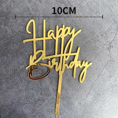 Decoratiune Topper pentru Tort, Cyrax, Model Happy Birthday, Tematica Aniversare, Auriu, 10 cm