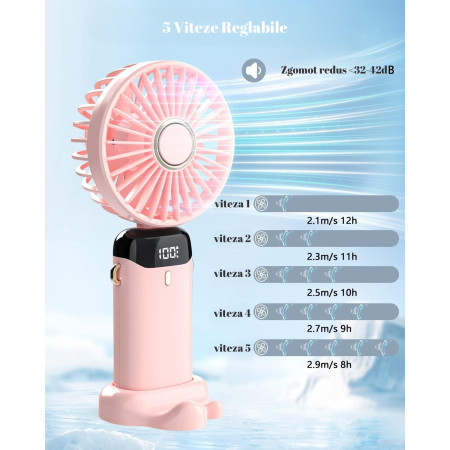 Ventilator Ultra Portabil cu Aromaterapie,  3 in 1, de Mana, de Birou, de Gat, 5 Trepte de Viteza, Incarcare USB, Autonomie 12h, Pliabil, cu Ecran LCD, Roz