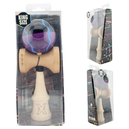 Kendama X Originala, Profesionala, Cyrax, Big Cups V2, Super Sticky cu Cupe Mari, Rulment Metalic, din lemn 18 cm, Ata 55 cm, Negru/Mov