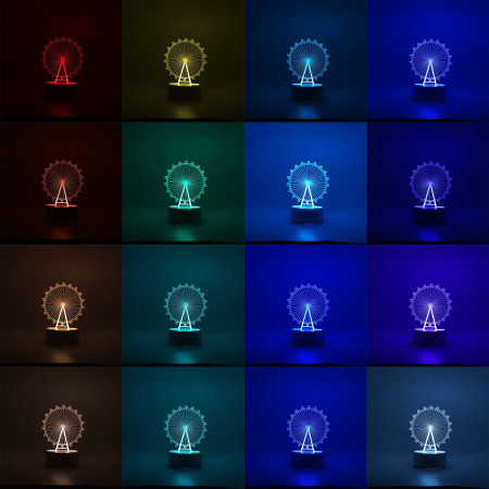 Lampa LED decorativa,  3D, Roata Panoramica, cu telecomanda, doua moduri de alimentare USB si baterii, 20 cm inaltime, din material acril si lumina multicolora, alb