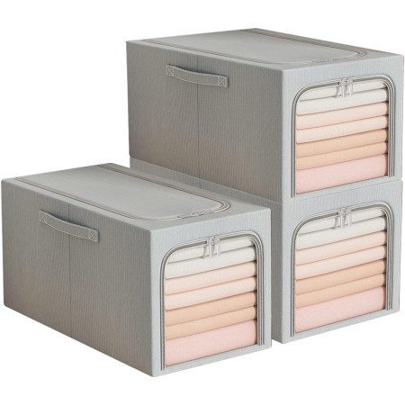 Cutie de Depozitare,  49L, din In si Bumbac, Pliabila, Cadru din Otel, 47 x 35 x 30 cm, Albastru Fumuriu