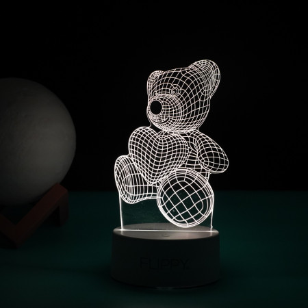 Lampa LED decorativa,  3D, ursulet, din material acril si lumina multicolora, alb
