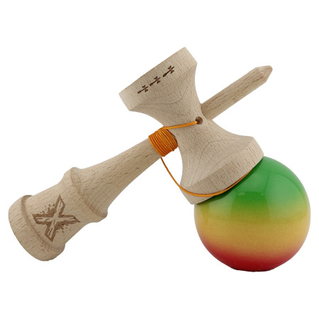 Kendama X Originala, Profesionala, Cyrax, Big Cups V2, Super Sticky Cupe Mari, Rulment Metalic cu Ata 55 cm, Verde/Galben/Rosu