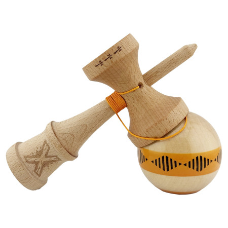 Kendama X FREQUENCY Originala, Profesionala, Cyrax, Big Cups V2, Super Sticky cu Cupe Mari, Rulment Metalic, din lemn 18 cm, Ata 55 cm, Portocaliu/Maro