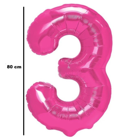 Balon din Folie Metalizata Cyrax, Figurina Cifra, Tema Aniversare 80 cm, Ambalaj Individual, Pai inclus, Umflare cu Aer sau Heliu, Roz, Cifra 3