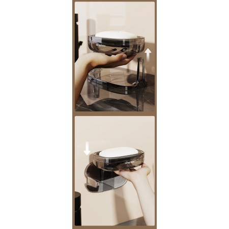 Savoniera cu Suport 2 in 1,  Pentru Perete sau Blat, PET, Scurgere Optima, GriTransparent