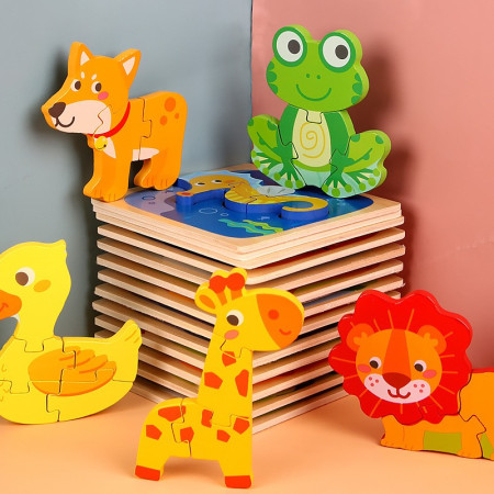 Puzzle Montessori din Lemn pentru Copii, Cyrax, 3D, 0-3 Ani, Model Ratusca, Educativ, Intuitiv, Creativ, 5 Piese, 15x15x0.5 cm, Multicolor