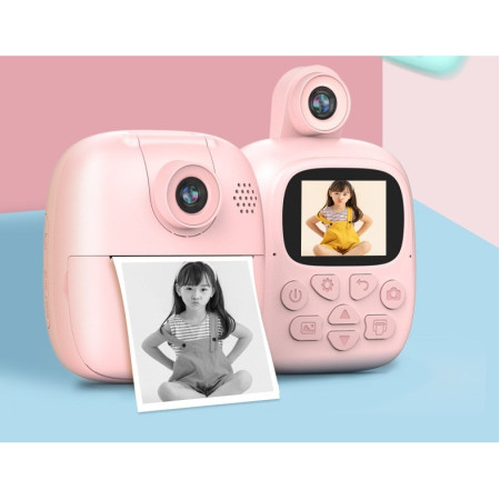 Set Camera Instantanee pentru Copii, Cyrax, Camera 180° Selfie, Ecran HD 2'', 24MP, 720P Video, 1200 mAh, cu Functie de Printare Alb-Negru, cablu USB-C, Bluetooth, Compatibil iOS/Android, Imprimare APP, Model Bunny, Roz