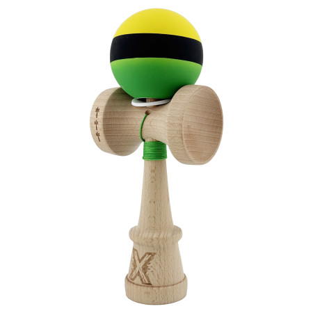 Kendama X Originala, Profesionala, Cyrax, Cupe Mari KING SIZE V3, Rubber Grip, Gaura in Baza, Rulment Metalic, din lemn 18 cm, Ata 62/65 cm, M Galben/Negru/Verde