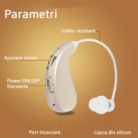 Aparat auditiv retroauricular BTE Reincarcabil, Cyrax, Set 2 bucati Stinga Dreapta, Standard European, Aparat auditiv Cu incarcator, Aparat pentru Auz, 12 x 8.5 x 4 cm, 89 g,  Auriu