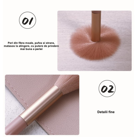 Mini Set Portabil 8 Pensule pentru Machiaj Cyrax, Super Soft, Makeup Profesional/Incepatori, Maner Ergonomic, Gentuta Depozitare Inclusa, Maro