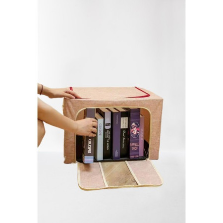 Cutie de Depozitare Pliabila,  66 L, din Bumbac si In, 50x40x33 cm, 2 Ferestre, Frontala si Laterala, 2 Usi de Acces cu Fermoar Bidirectional, Cadru Metalic, Suport Baza Stabil din Plastic, Roz Pudrat