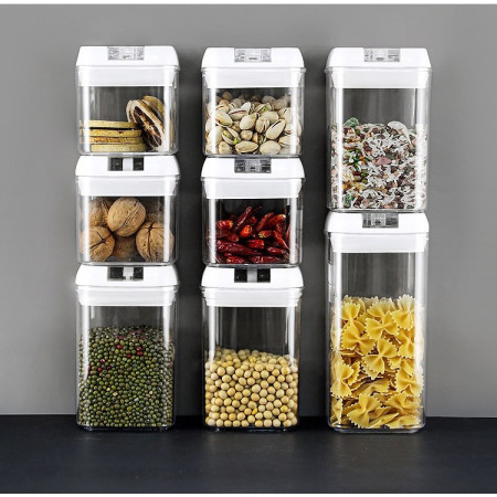 Set 7 Recipiente din Plastic, Cyrax, pentru Alimente/Obiecte, Inchidere Ermetica, 2 x 0.5l, 2 x 0.8l, 2 x 1.2l, 1 x 1.9 l, Capac Alb, Transparent