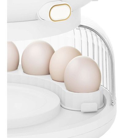 Dozator etajat de cereale Cyrax, rotativ 360, 6 compartimente, capacitate 10L, cofrag special pentru oua, vas pentru scurgerea cerealelor, 35x27.5 cm, alb