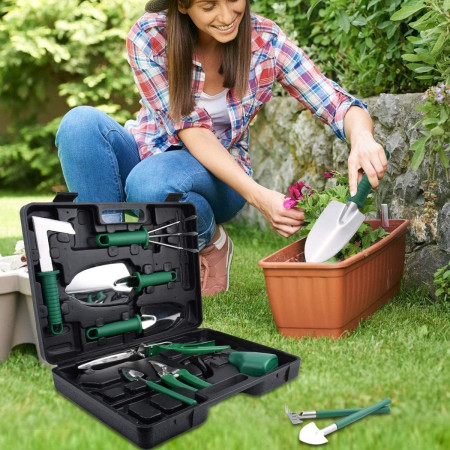 Set 10 Unelte de Gradina,  pentru Plantare Prelucrare Sol si Ingrijire Plante, Manere Verzi, Material PVC si Otel Inoxidabil, Cutie Inclusa, 37x28x7 cm, Negru