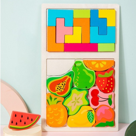 Puzzle Montessori din Lemn pentru Copii, Cyrax, Tip Tetris 2in1 +3 Ani, cu Fructe Colorate 3D, Educativ, Intuitiv, Creativ, 21 de Piese, 28.5x17x1.2 cm, Multicolor