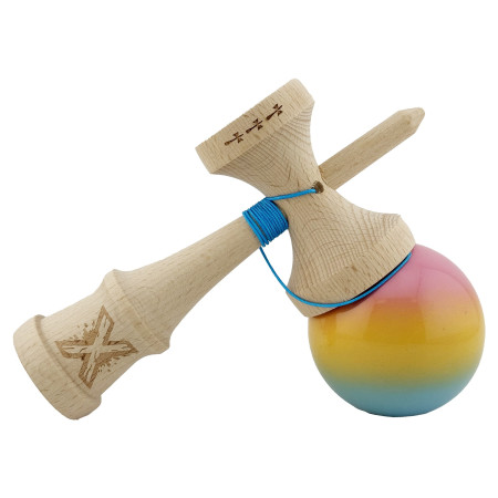 Kendama X Originala, Profesionala, Cyrax, Big Cups V2, Super Sticky cu Cupe Mari, din lemn 18 cm, Rulment Metalic cu Ata 55 cm, Roz/Galben/Albastru
