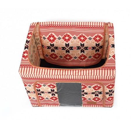 Cutie de Depozitare Pliabila,  66 L din Bumbac si In, 52 x 42 x 39 cm, Fereastra Frontala, 2 Usi de Acces cu Fermoar Bidirectional, Cadru Metalic, Suport Baza Stabil din Plastic, Motiv Traditional Model 5