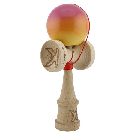 Kendama X Originala, Profesionala, Cyrax, Big Cups V2, Super Sticky Cupe Mari, Rulment Metalic cu Ata 55 cm, Roz/Portocaliu/Galben