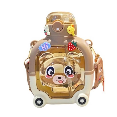 Sticla cu pai pentru copii, Cyrax, model ursulet, gradata, stickere aplicate, curea reglabila, din plastic rezistent la cadere, 1l, Maro, 20 x 13 cm