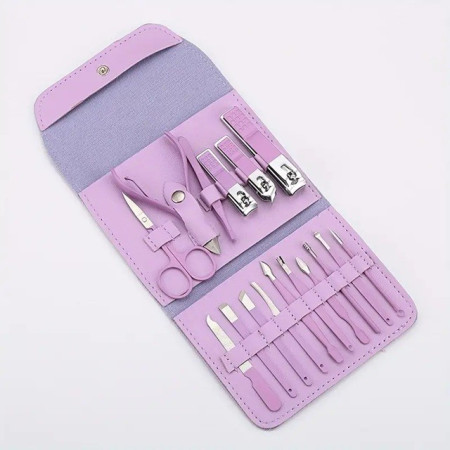 Set 16 Piese de Ingrijire Cosmetica, Cyrax, pentru Manichiura, Pedichiura, Fata, Geanta Organizatoare din Piele Ecologica Inclusa, Mov
