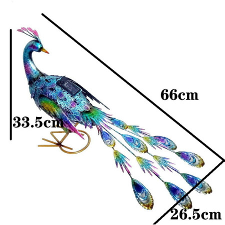 Decoratiune de Gradina cu Lampa solara,  Model Paun Pitic, Iluminare Led si Incarcare Solara, 66 x 33.5 x 26.5 cm, din Fier, Albastru Multicolor