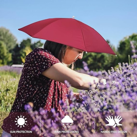 Umbrela de Cap,  Diametru 69 cm, Banda Elastica de Cap, Protectie UV/Ploaie, Rosu Inchis