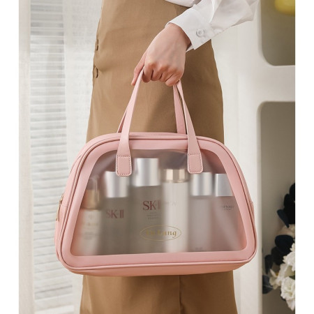 Geanta Cosmetice de Voiaj, Cyrax, Dubla Compartimentare, Impermeabila, Translucida Mata, 35 x 22 x 15 cm, Roz