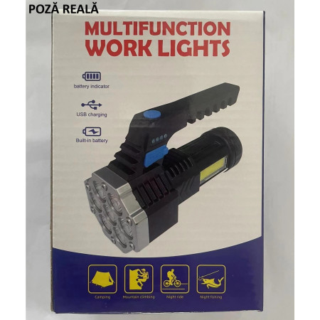 Lanterna LED Lumina Puternica, Rezistenta la Apa, Tip Proiector COB,  Lanternă Reincarcabila, USB, cu Maner pentru Drumetii, Lanterna de Urgenta, Aer Liber, 14.1 x 6.4 cm, Culoare Negru cu Comutator Albastru