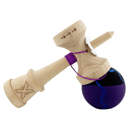 Kendama X Originala, Profesionala, Cyrax, Rubber Grip, Cupe Mari KING SIZE V3, Gaura in Baza, Rulment Metalic, din lemn 18 cm, Ata 62/65 cm, Special Negru/Mov/Albastru