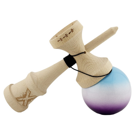 Kendama X Originala, Profesionala, Cyrax, Big Cups V2, Super Sticky cu Cupe Mari, din lemn 18 cm, Rulment Metalic cu Ata 55 cm, Albastru/Alb/Mov