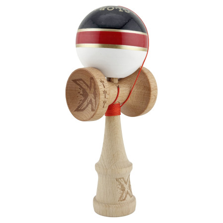 Kendama X ROYAL SPIKE Originala, Profesionala, Cyrax, Big Cups V2, Super Sticky cu Cupe Mari, Rulment Metalic, din lemn 18 cm, Ata 55 cm, Negru/Rosu Gold/Alb