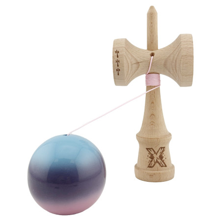 Kendama X Originala, Profesionala, Cyrax, Big Cups V2, Super Sticky cu Cupe Mari, din lemn 18 cm, Rulment Metalic cu Ata 55 cm, Albastru/Mov/Roz