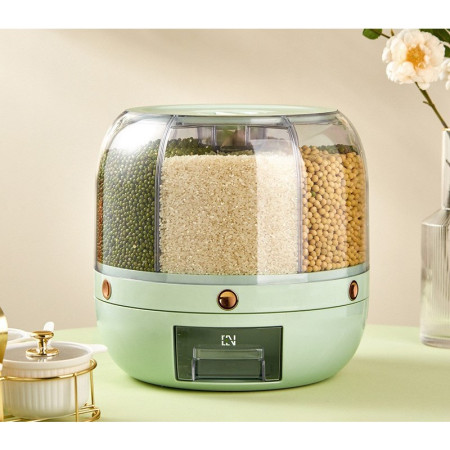 Dozator de cereale Cyrax, rotativ 360, 6 compartimente, capacitate 6 L, rezistent la umezeala, inchidere etansa, verde deschis