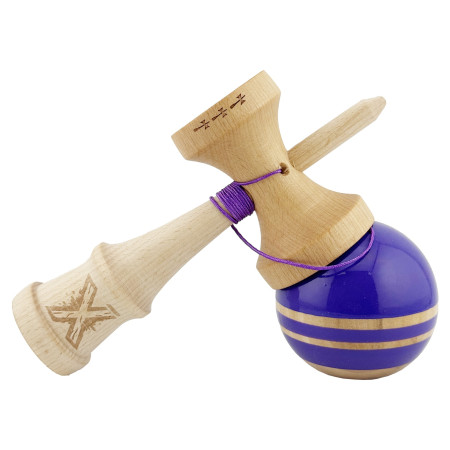 Kendama X Rainbow Originala, Profesionala, Cyrax, Big Cups V2, Super Sticky cu Cupe Mari, Rulment Metalic, din lemn 18 cm, Ata 55 cm, Indigo/Maro