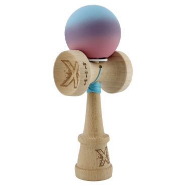 Kendama X Originala, Profesionala, Cyrax, Cupe Mari KING SIZE V3, Rubber Grip, Gaura in Baza, Rulment Metalic, din lemn 18 cm, Ata 62/65 cm, Gradient Albastru deschis/Mov/Roz