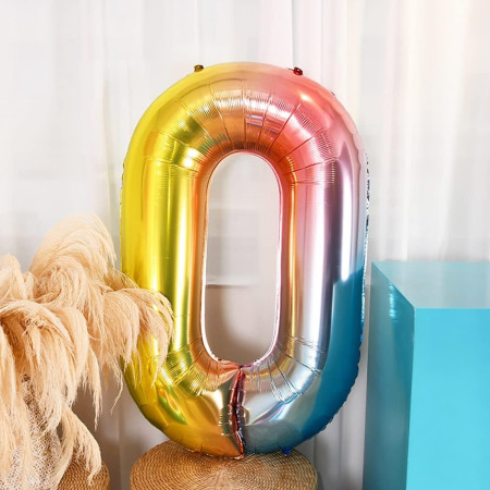 Balon din Folie Metalizata Gradient Cyrax, Figurina Cifra, Tema Aniversare 100 cm, Ambalaj Individual, Pai inclus, Umflare cu Aer sau Heliu, Multicolor, Cifra 0